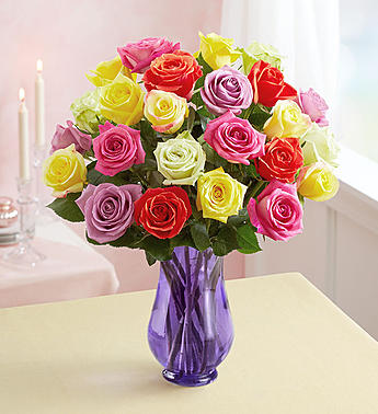 Two Dozen Assorted Roses with Purple Vase