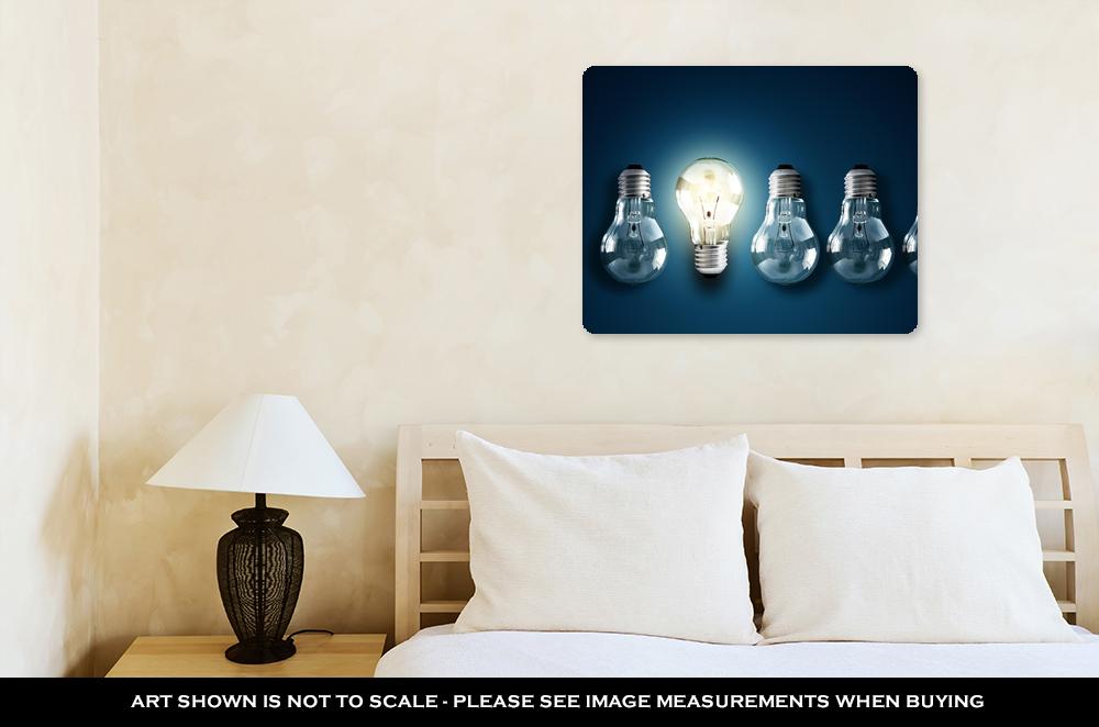 Metal Panel Print, Illuminated Light Bulb In A Row Of Dim Ones Concept For Creativity Innovation