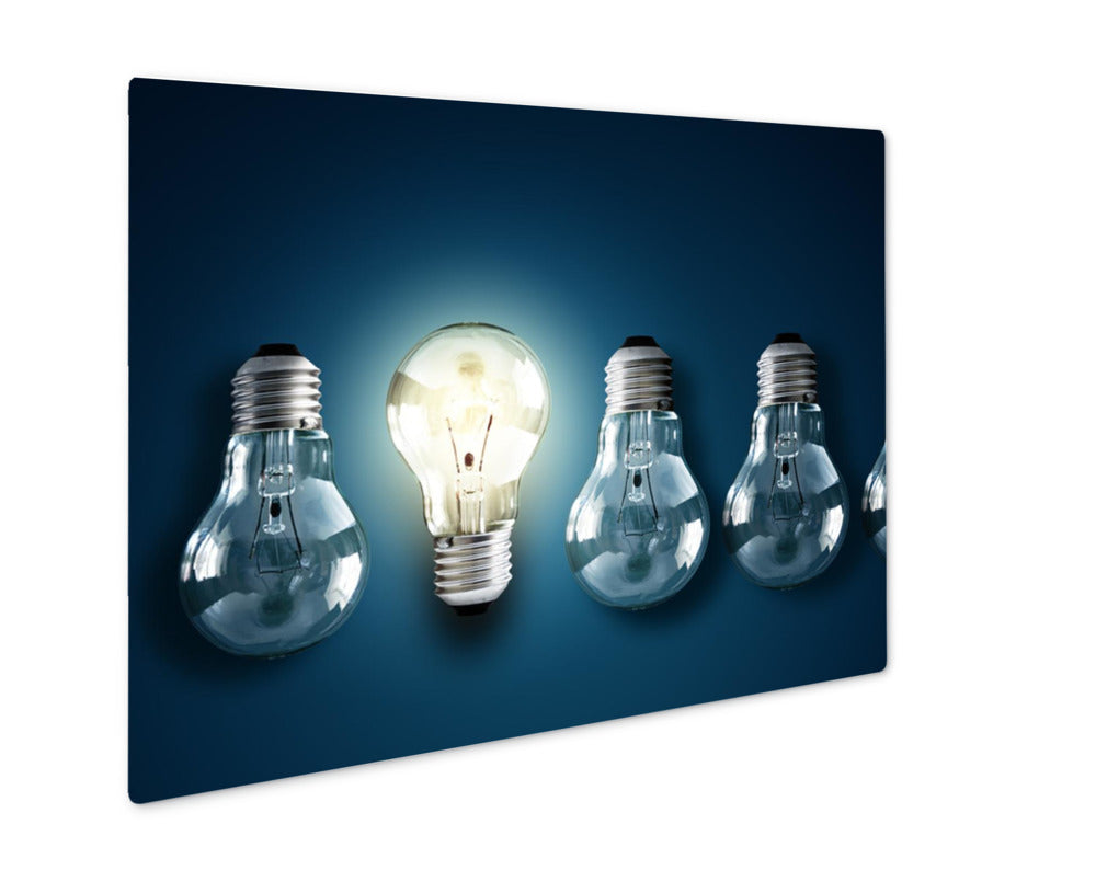 Metal Panel Print, Illuminated Light Bulb In A Row Of Dim Ones Concept For Creativity Innovation