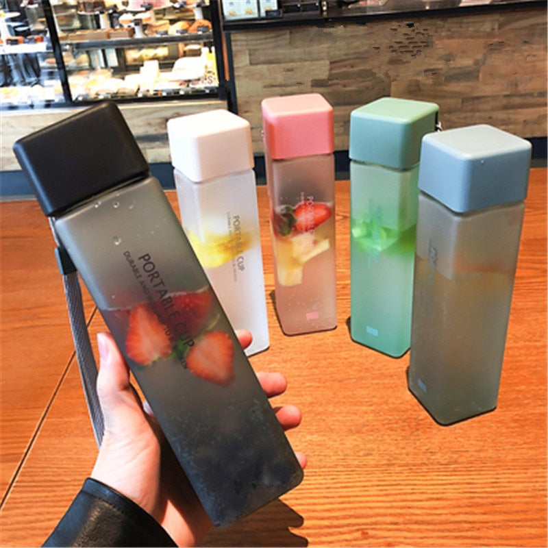 New Square Frosted Plastic Water Bottle, Portable, Transparent, Leak-proof