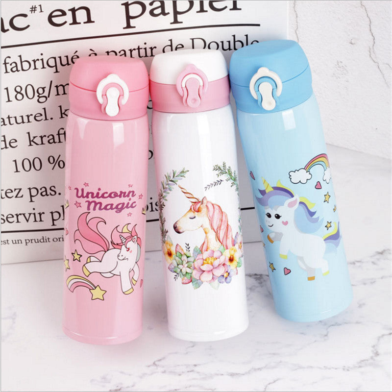 Water Bottles 500ml Capacity Drinking Water Cartoon Unicorn Stainless Steel Vacuum Flasks Water Bottle Kids Gift Kitchen,W