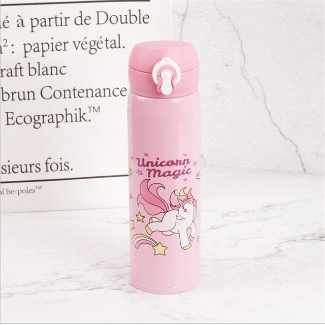 Water Bottles 500ml Capacity Drinking Water Cartoon Unicorn Stainless Steel Vacuum Flasks Water Bottle Kids Gift Kitchen,W