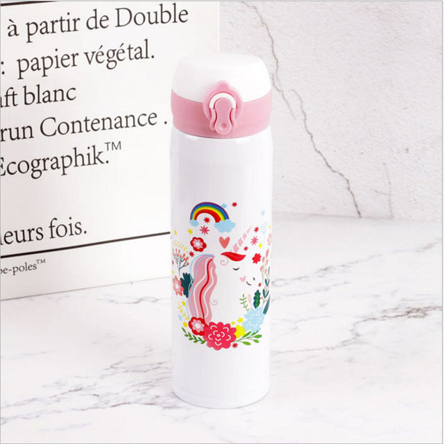 Water Bottles 500ml Capacity Drinking Water Cartoon Unicorn Stainless Steel Vacuum Flasks Water Bottle Kids Gift Kitchen,W