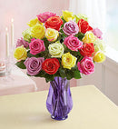 Two Dozen Assorted  Roses with Purple Vase