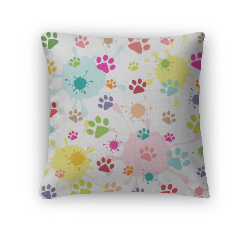 Throw Pillow, Colored Pattern With Paw Prints And Blots