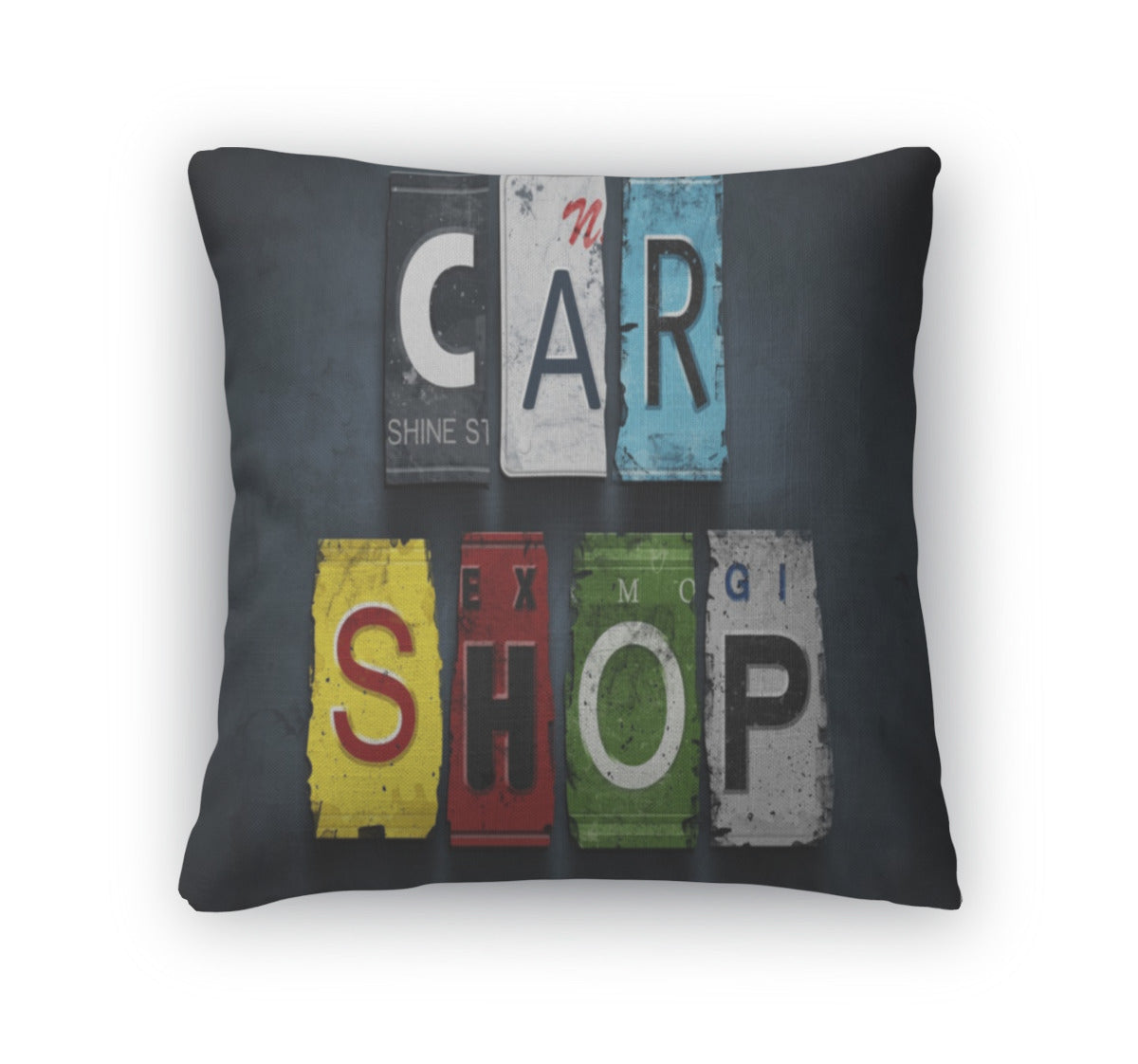 Throw Pillow, Car Shop Word On Vintage License Plates Concept Sign