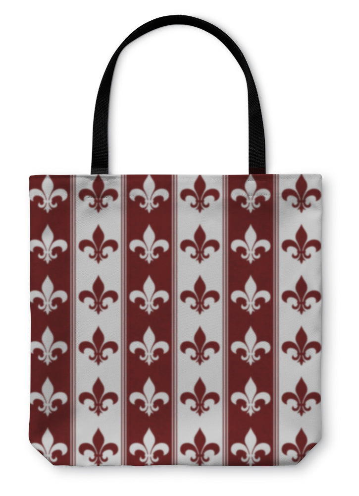 Tote Bag, White And Red Fleur De Lis D Fabric