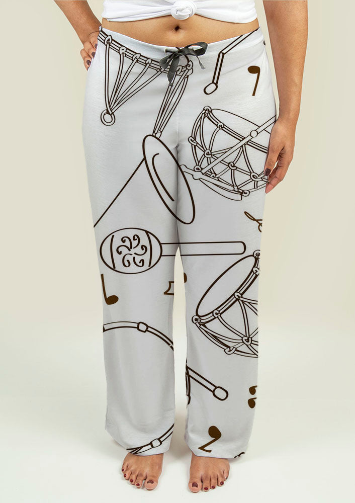 Ladies Pajama Pants with Drum Set Pattern