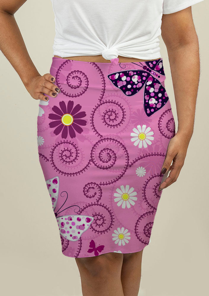 Pencil Skirt with Pink Floral Pattern